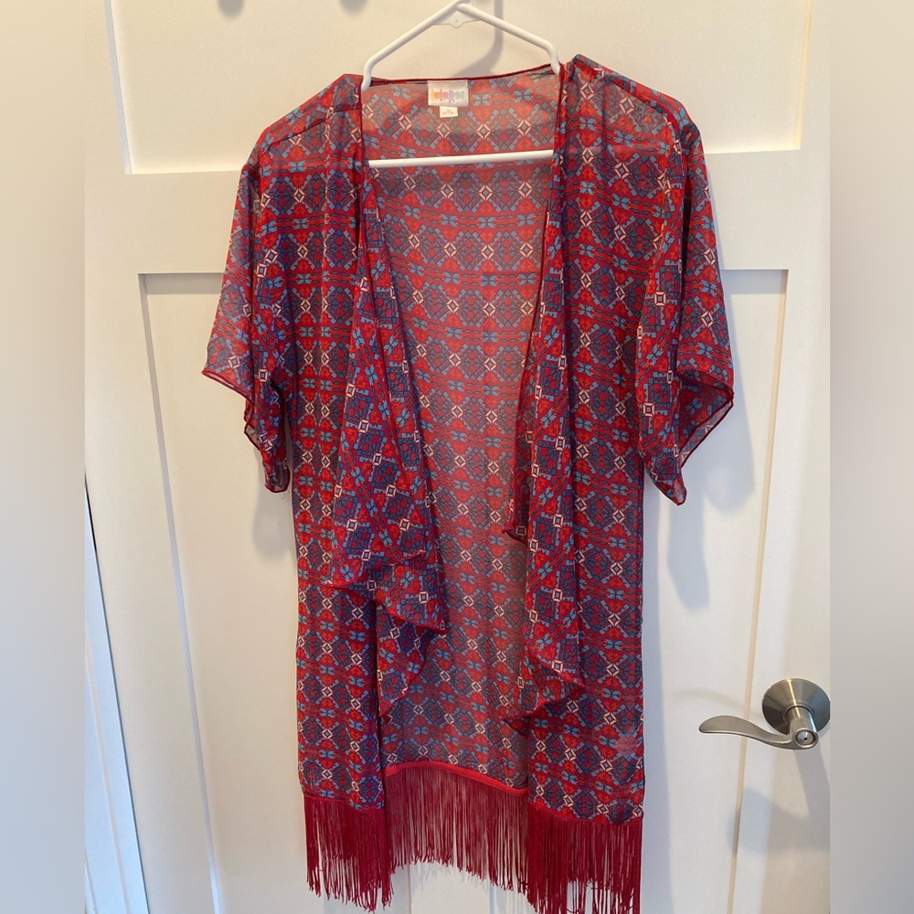 LuLaRoe drapey cover wrap. Small. Red background with blue and white pattern.